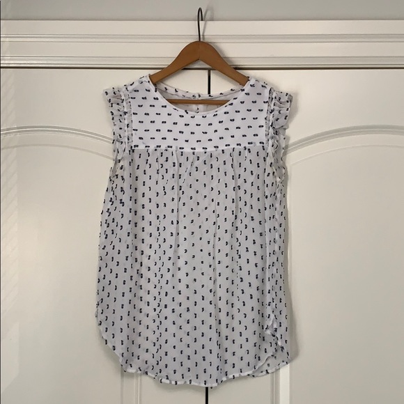 ❤️Loft Sleeveless Blouse Ruffle Detail Blue White - Picture 1 of 5